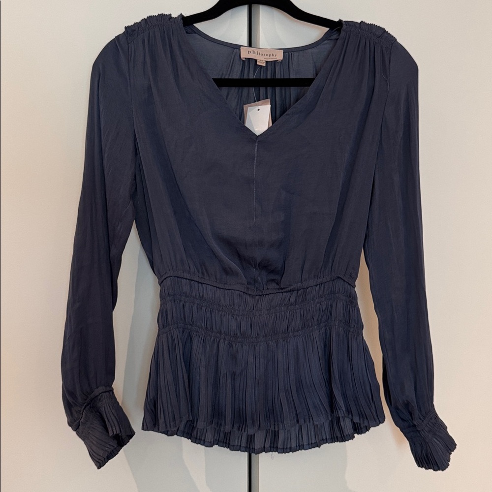 Philosophy XS Deep Blue Blouse smocked rushed waist and hem ruffle shoulders